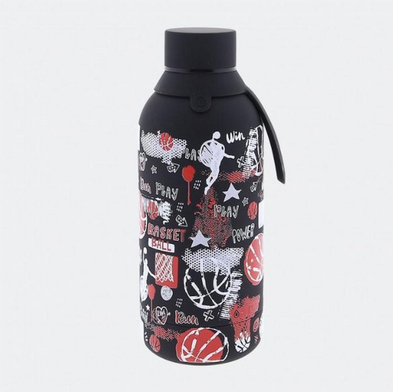 Borraccia termica nera decorata a tema basket in acciaio inox doppia parete da 500 ml